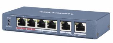 Hikvision 6 portos PoE switch (30 W); 4 PoE  / 2 uplink port; nem menedzselhető