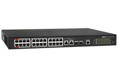 Dahua menedzselhető PoE switch 24 port, Hi-PoE támogatás, intelligens PoE, 360W, PD Alive (PoE Watchdog),Nagy távolságú PoE átvitel