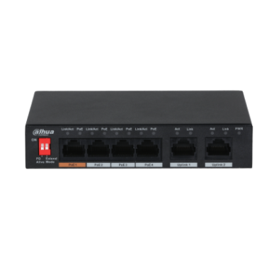 Dahua 4 2 portos PoE switch; 1x10/100Mbps, 60W (HighPoE/PoE /PoE)   3x10/100Mbps, 30W (PoE /PoE)   2x10/100Mbps uplink; 60W; 53V DC