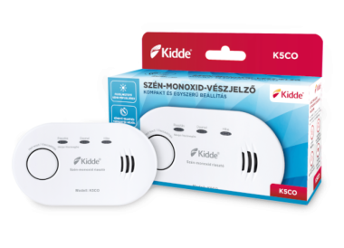 Kidde K5CO-HU CO érzékelő; cserélhető 2db AA elem (mellékelve), 10 év szenzor élettartam, 7 év jótállás, hang- és fényjelzés, 127x73x39mm
