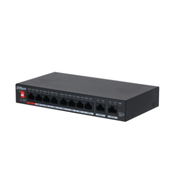 Dahua 10 portos Gigabit-es nem menedzselt asztali switch 8 portos PoE-vel; kapacitás: 20Gbps; össz. PoE teljesítmény: 96W; nagy távolságú PoE: 250 m