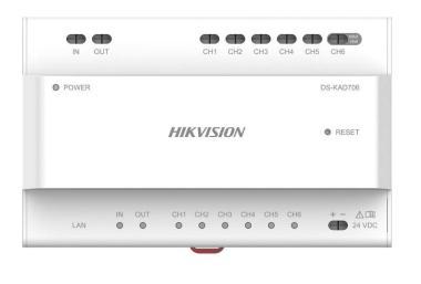 Hikvision disztribútor soroló egység kétvezetékes IP kaputelefon rendszerhez; 6 eszköz kezelése; DIN sínre szerelhető; 24V DC