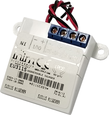 Címezhető 1 maximum 20mA-ig terhelhető 24V-os kimenettel rendelkező Inim micro modul (37,5x39,5x15mm) Enea protokollal, 1 hagyományos hang- és fényjelző huroktáplált illesztéséhez, izolátorral