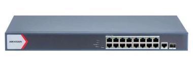 Hikvision 18 portos Gbit PoE switch (130 W); 16 PoE  1 kombinált uplink port  1 SFP uplink port; menedzselhető