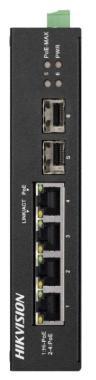 Hikvision 6 portos ipari Gbit PoE switch (60 W); 3 PoE  / 1 HiPoe / 2 SFP uplink port; nem menedzselhető