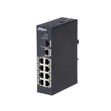 Dahua ipari switch; 8 db 10/100 Mbps port, 1 db 10/100/1000 Mbps és 1 db SFP uplink port; DIN sínre szerelhető; nem menedzselhető; 12V DC
