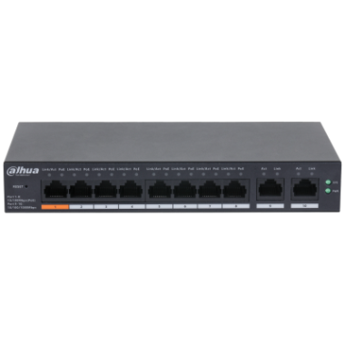 Dahua 8   2 portos menedzselhető PoE switch; 8x10/100Mbps PoE, 2x10/100/1000Mbps uplink; max. PoE: 60W; HiPoE, VLAN, DoLynk Care felhő felügyelet