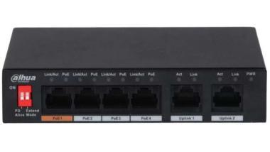 Dahua 4 2 portos menedzselhető Gigabites PoE switch; 4x10/100/1000Mbps PoE   2x10/100/1000Mbps uplink; max. PoE: 60W; HiPoE, VLAN, felhő felügyelet