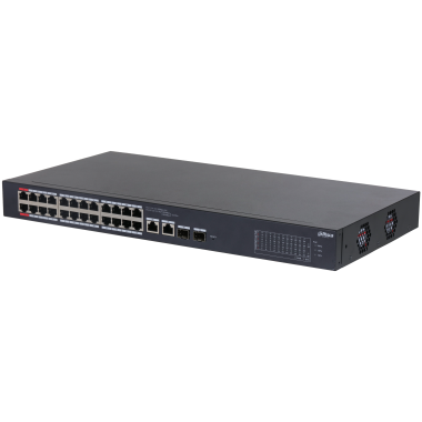 Dahua 24   2 portos menedzselhető PoE switch; 24x10/100Mbps PoE 2x10/100/1000Mbps combo uplink; max. PoE: 375W; HiPoE, VLAN, felhő felügyelet