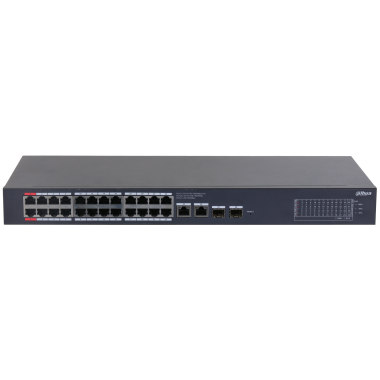Dahua 24   4 portos menedzselhető PoE switch; 24x10/100/1000Mbps RJ45 PoE, 2x10/100/1000Mbps RJ45 uplink, 2x10/100/1000Mbps SFP uplink, max. PoE: 375W, HiPoE, VLAN, felhő felügyelet