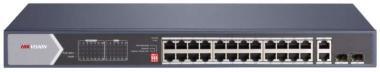 Hikvision 28 portos Gbit PoE switch (max. teljesítmény: 370 W); 20 PoE  port/ 4 HiPoE port/ 2 RJ45   2 SFP uplink port, max. 300 m átvitel; PoE watchdog