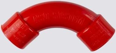 90°-os kanyar, 25mm külső átmérővel (nagy sugár), piros ABS kivitelben EN 61386-1 jóváhagyással