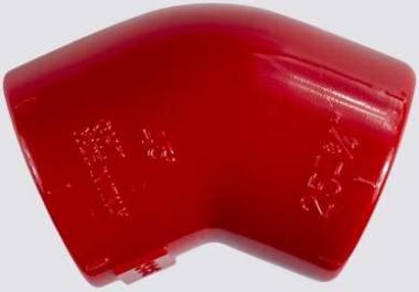 45°-os könyök, 25mm külső átmérővel, piros ABS kivitelben EN 61386-1 jóváhagyással