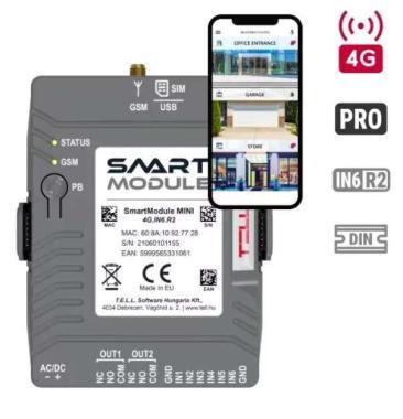 TELL Smart Module Mini 4G.IN6.R2 kommunikátor, kiegészítő- és önálló kommunikátor vagy 6 zónás riasztóközpont,4G/2G,6Be,2Ki,Hang-,SMS-,Email-és Push értesítés, DIN sín kompatibilis