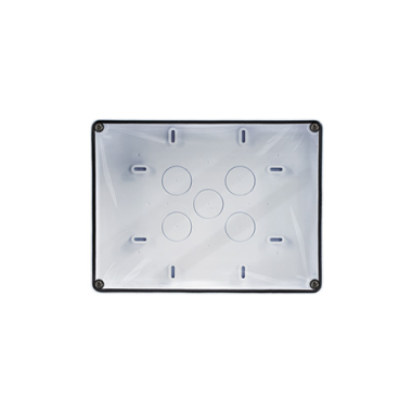 Átlátszó tokfedelű, V0 tűzálló IP65 védettségű műanyag szerelődoboz fehér színben, amely alkalmas az EM312SR, EM110, EM411R, EM3xx, EM322AC típusú hurokmodulok elhelyezésére (162x122x53,3mm)