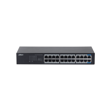 Dahua 24 portos Gigabites switch; nem menedzselhető; aggregációs, izolációs mód; AI VLAN mód; 19” rack-be szerelhető; csatl.: 24xRJ45 10/100/1000 Mbps; 240V AC, 12.3W