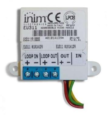 Címezhető 1 felügyelt bemenettel és 1 maximum 20mA-ig terhelhető 24V-os kimenettel rendelkező Inim micro modul (37,5x39,5x15mm), Enea protokollal, huroktáplált működéssel, izolátorral
