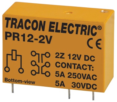 Print relé, 12V DC, 2 váltó érintkező (250V AC/30V DC - 5A), 270ohm, 50mA/13,8V.
